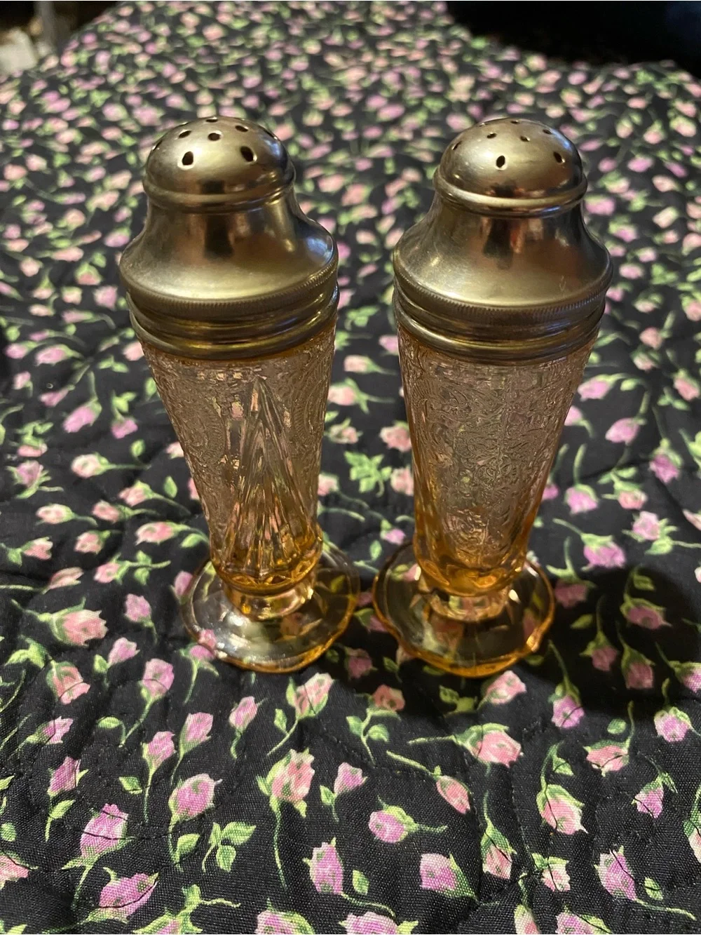 Amber Glass Salt and Pepper Shakers with Silver-Tone Tops